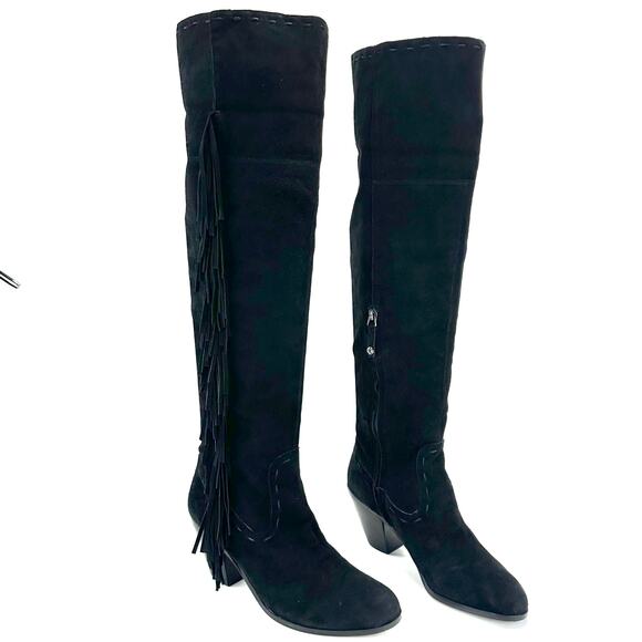 Sam Edelman Louella Black Over-The-Knee Boot Sz 8.5 Suede Fringes Fold-Over OTK - Picture 1 of 15
